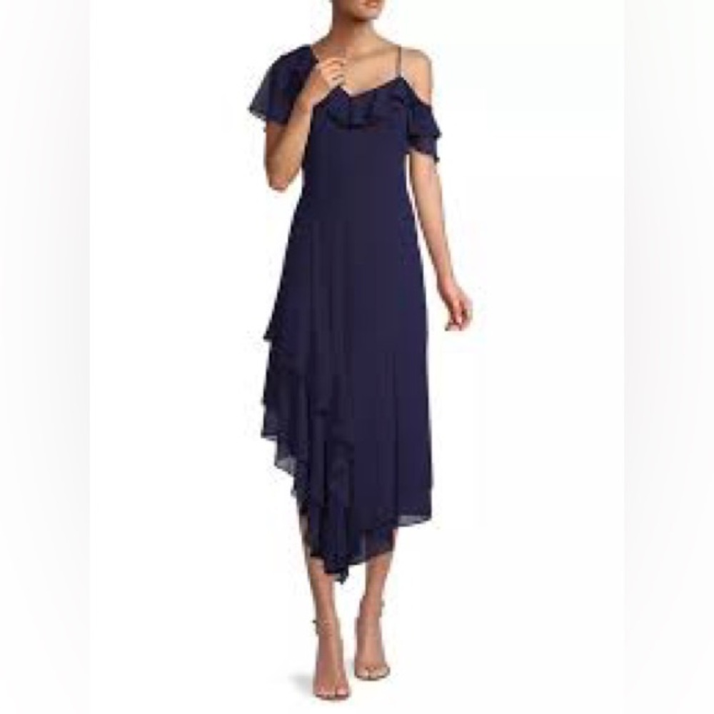 NWT Shani Asymmetric Georgette Ruffle Midi Dress – Navy Blue, Size 6